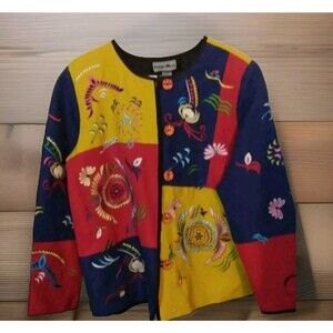 Indigo Moon  vintage Artsy Embroidered Jacket size M red yellow blue